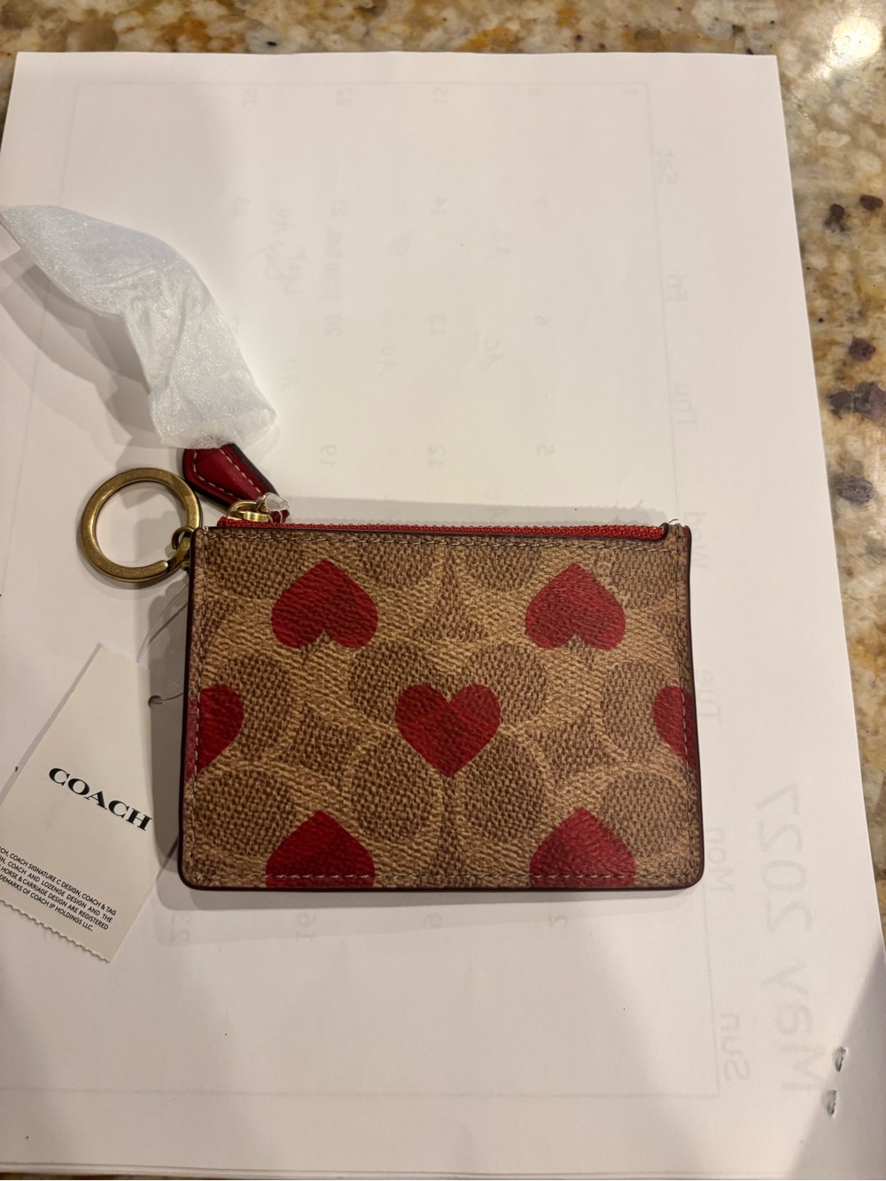 COACH Brown Signature Coated Canvas  Mini ID case Red Heart Print and Key Ring